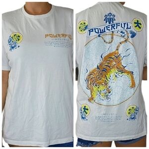 Bershka POWERFUL Meguro Print White Short Sleeve Cotton T-Shirt Size Large Tiger